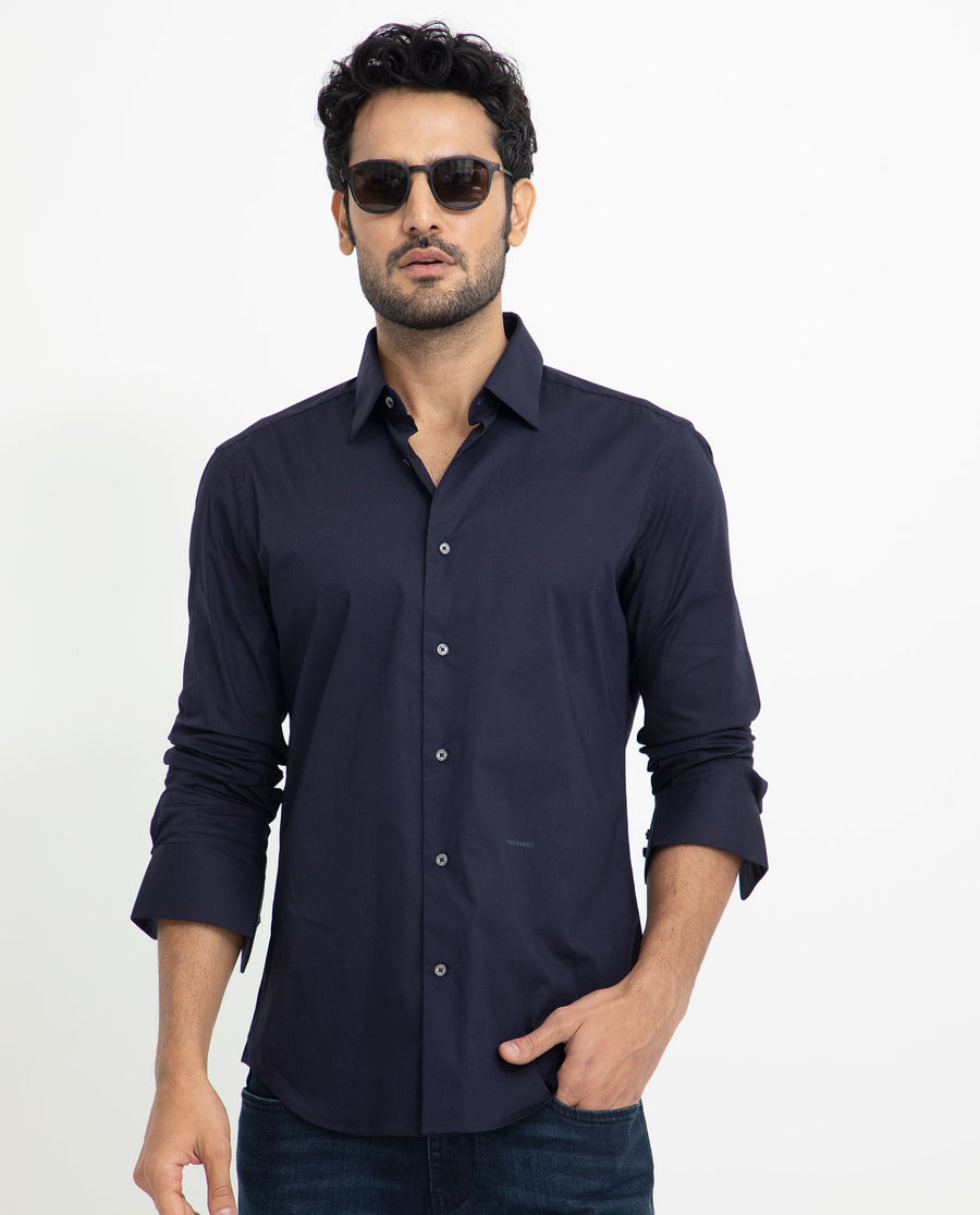Rare Rabbit Men's Neutons Navy Cotton Plain Regular Fit Full Sleeve Collared Shirt