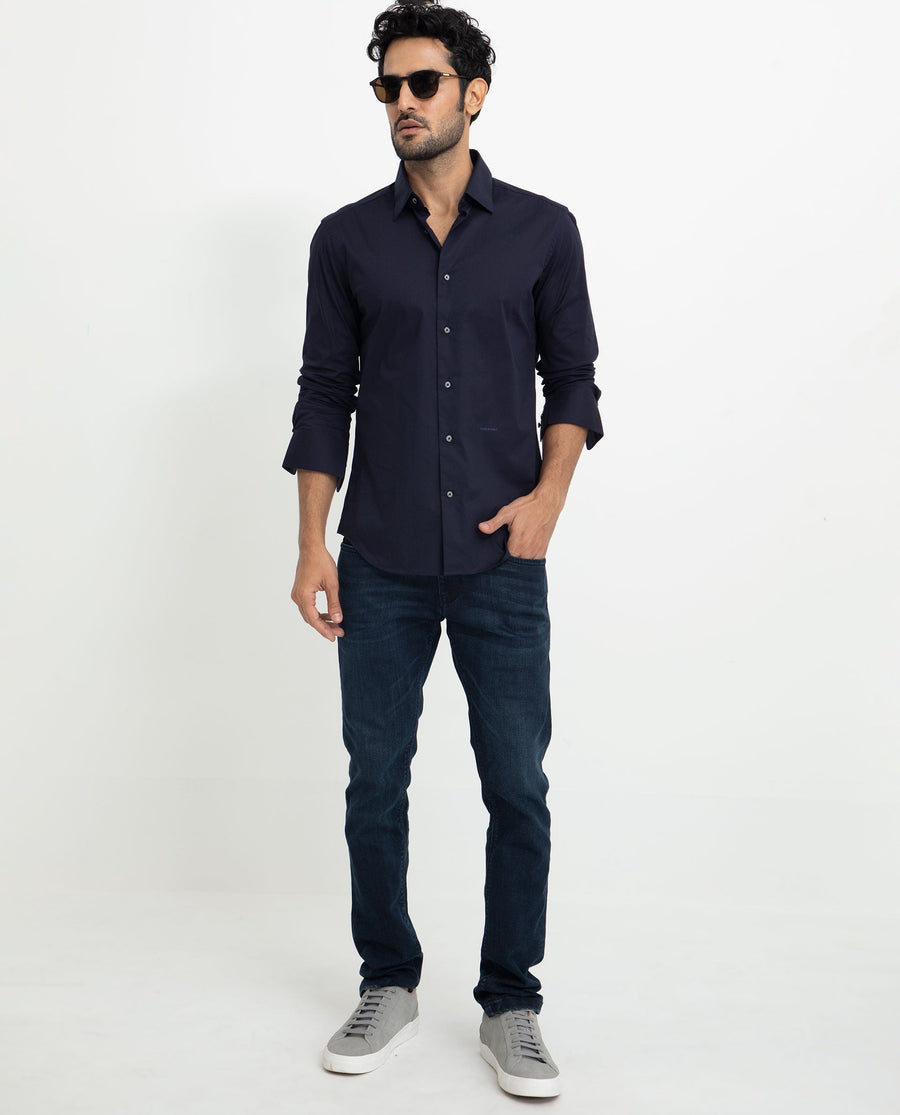 Rare Rabbit Men's Neutons Navy Cotton Plain Regular Fit Full Sleeve Collared Shirt