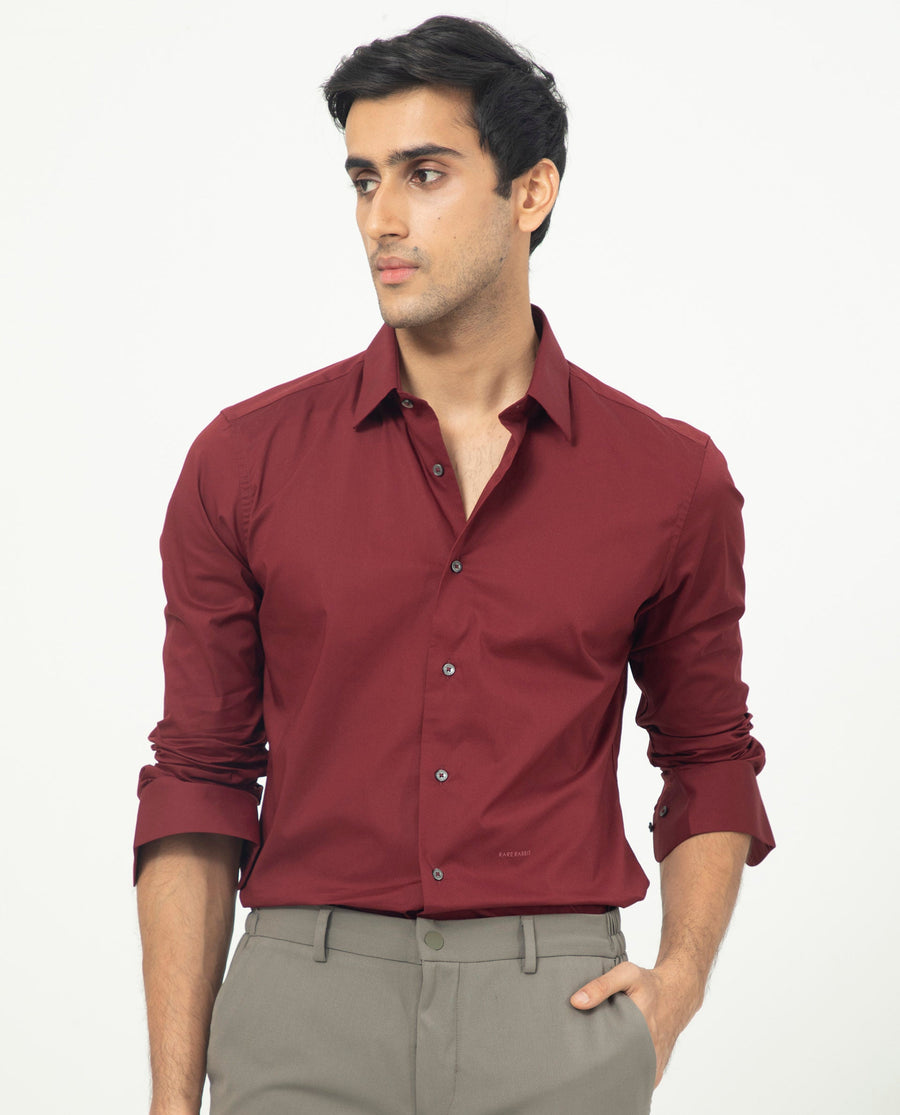 Rare Rabbit Men's Neutons Maroon Cotton Plain Regular Fit Full Sleeve Collared Shirt
