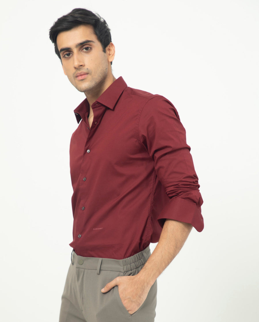 Rare Rabbit Men's Neutons Maroon Cotton Plain Regular Fit Full Sleeve Collared Shirt