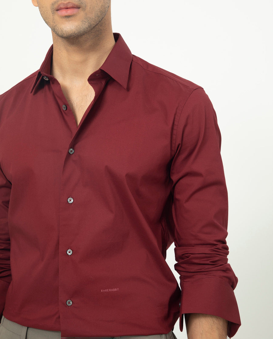 Rare Rabbit Men's Neutons Maroon Cotton Plain Regular Fit Full Sleeve Collared Shirt