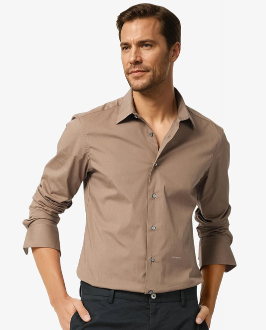 Rare Rabbit Men's Neutonss Brown Cotton Plain Regular Fit Full Sleeve Collared Shirt