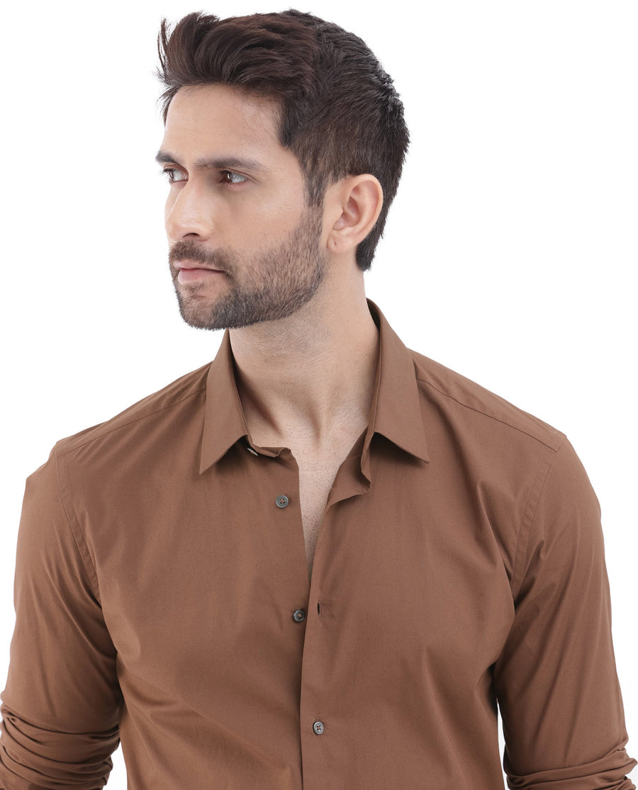 Rare Rabbit Men's Neutron8 Brown Cotton Plain Regular Fit Full Sleeve Collared Shirt
