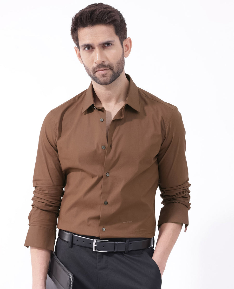 Rare Rabbit Men's Neutron8 Brown Cotton Plain Regular Fit Full Sleeve Collared Shirt