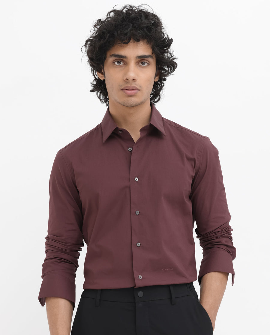 Rare Rabbit Men's Neutron8 Dark Maroon Cotton Plain Regular Fit Full Sleeve Collared Shirt