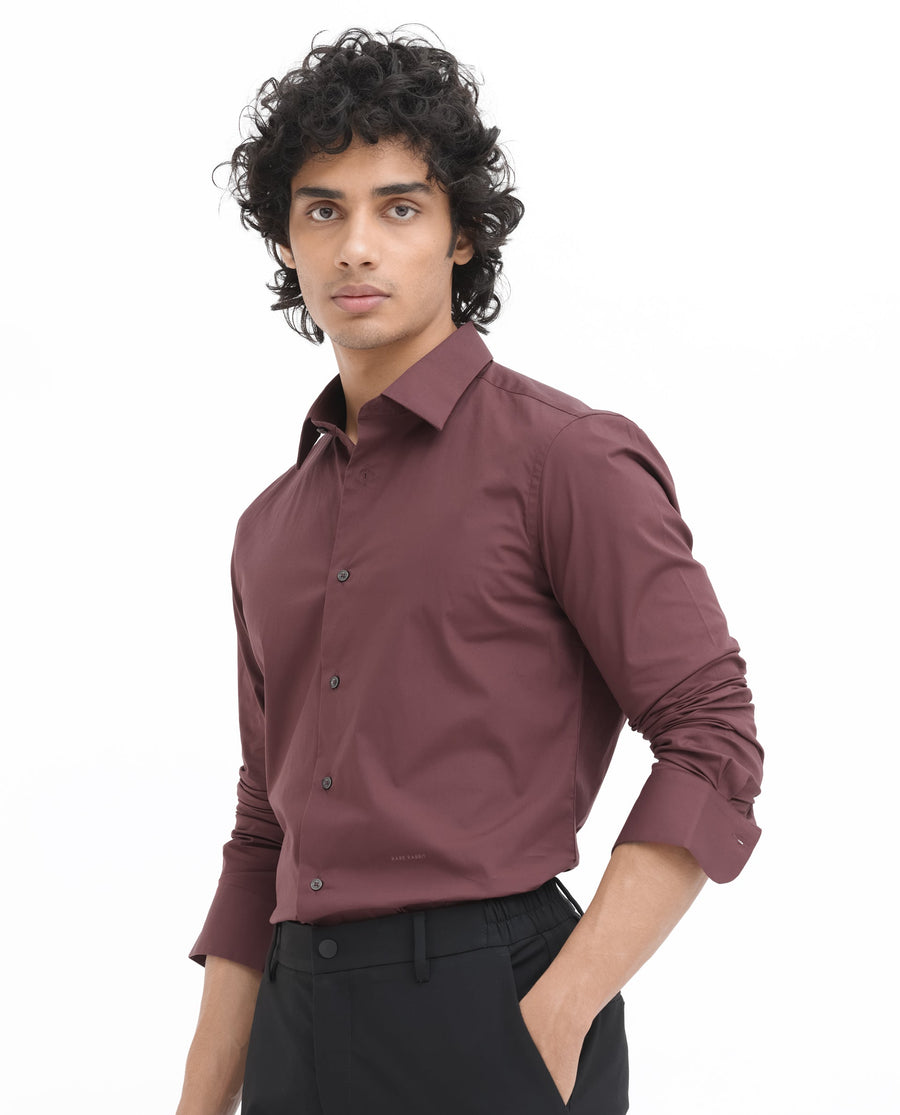 Rare Rabbit Men's Neutron8 Dark Maroon Cotton Plain Regular Fit Full Sleeve Collared Shirt