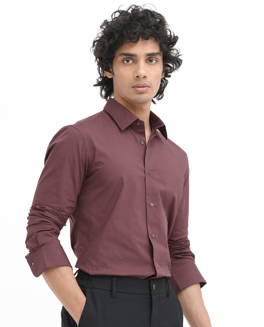Rare Rabbit Men's Neutron8 Dark Maroon Cotton Plain Regular Fit Full Sleeve Collared Shirt