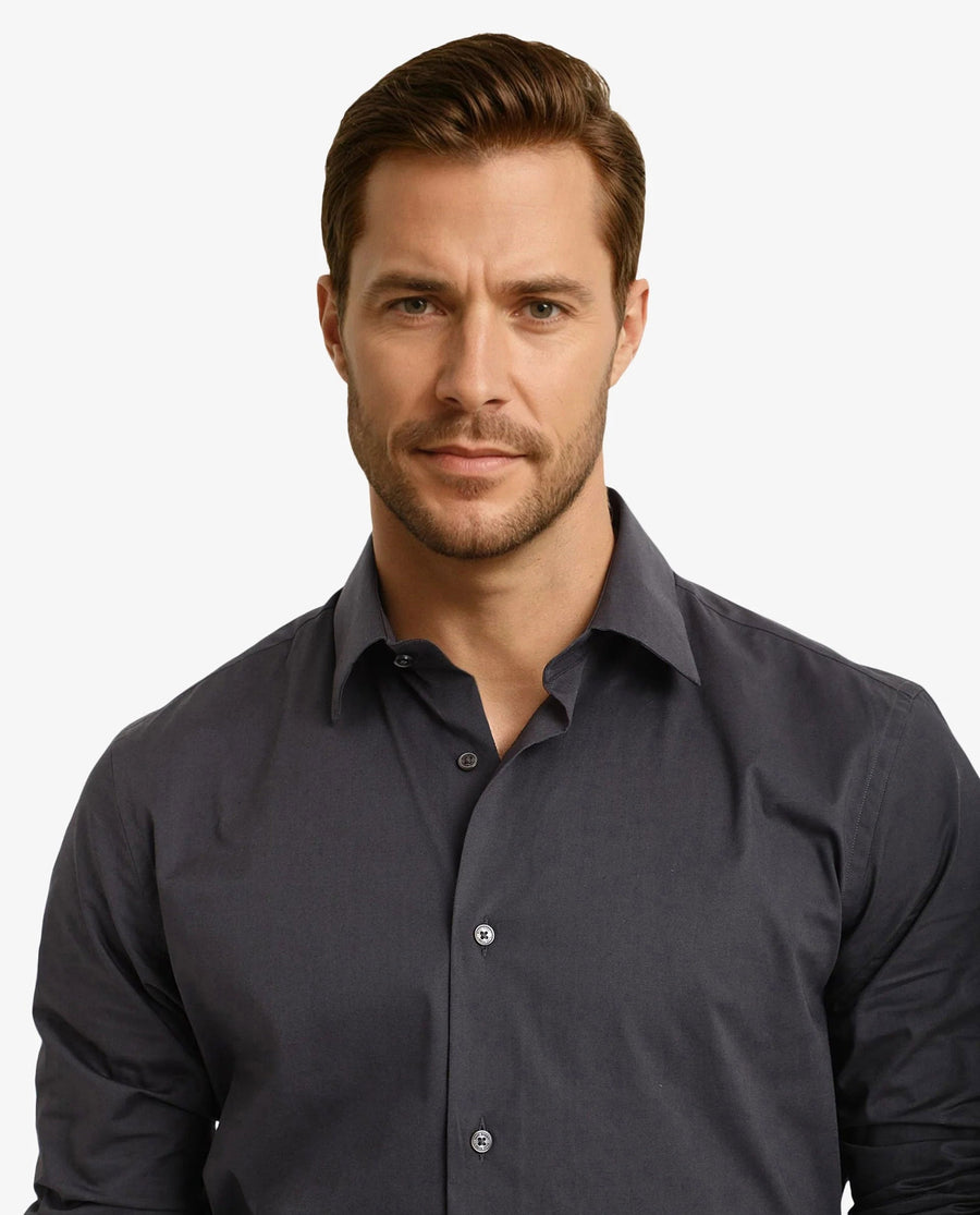 Rare Rabbit Men's Neutron-9 Dark Grey Cotton Plain Regular Fit Full Sleeve Collared Shirt
