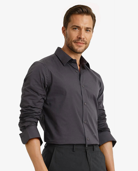 Rare Rabbit Men's Neutron-9 Dark Grey Cotton Plain Regular Fit Full Sleeve Collared Shirt