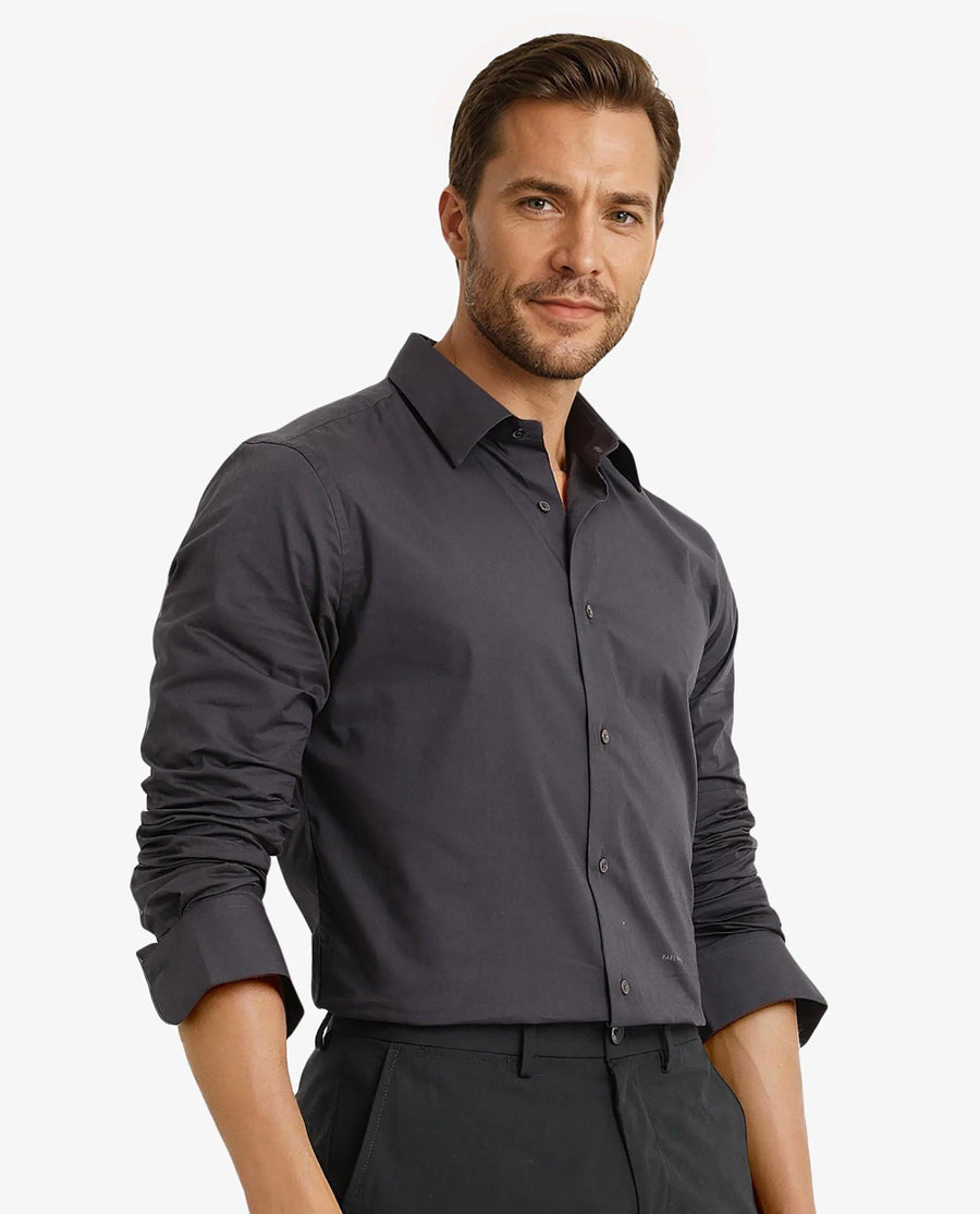 Rare Rabbit Men's Neutron-9 Dark Grey Cotton Plain Regular Fit Full Sleeve Collared Shirt