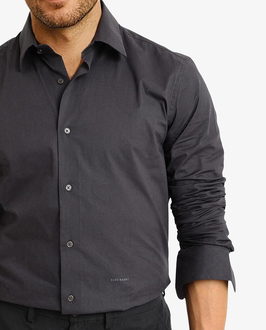 Rare Rabbit Men's Neutron-9 Dark Grey Cotton Plain Regular Fit Full Sleeve Collared Shirt