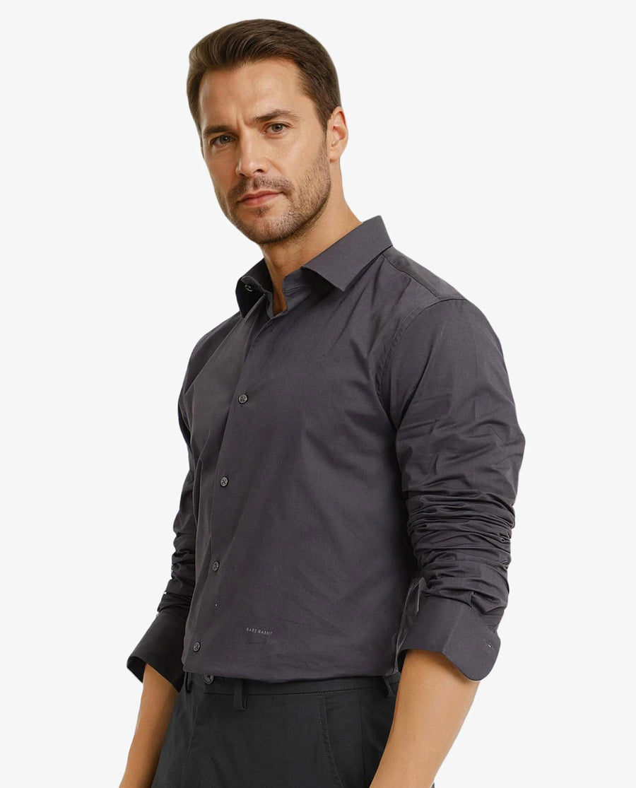 Rare Rabbit Men's Neutron-9 Dark Grey Cotton Plain Regular Fit Full Sleeve Collared Shirt