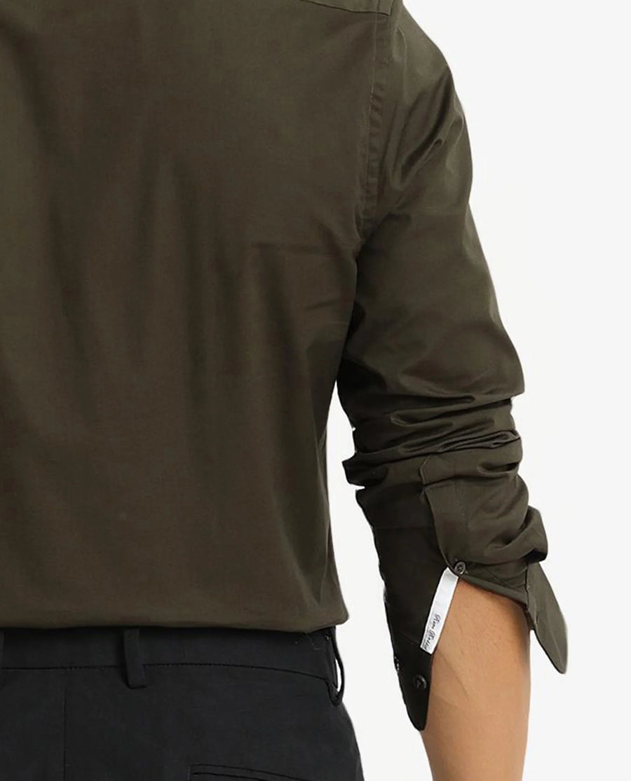 Rare Rabbit Men's Neutron-9 Olive Cotton Plain Regular Fit Full Sleeve Collared Shirt