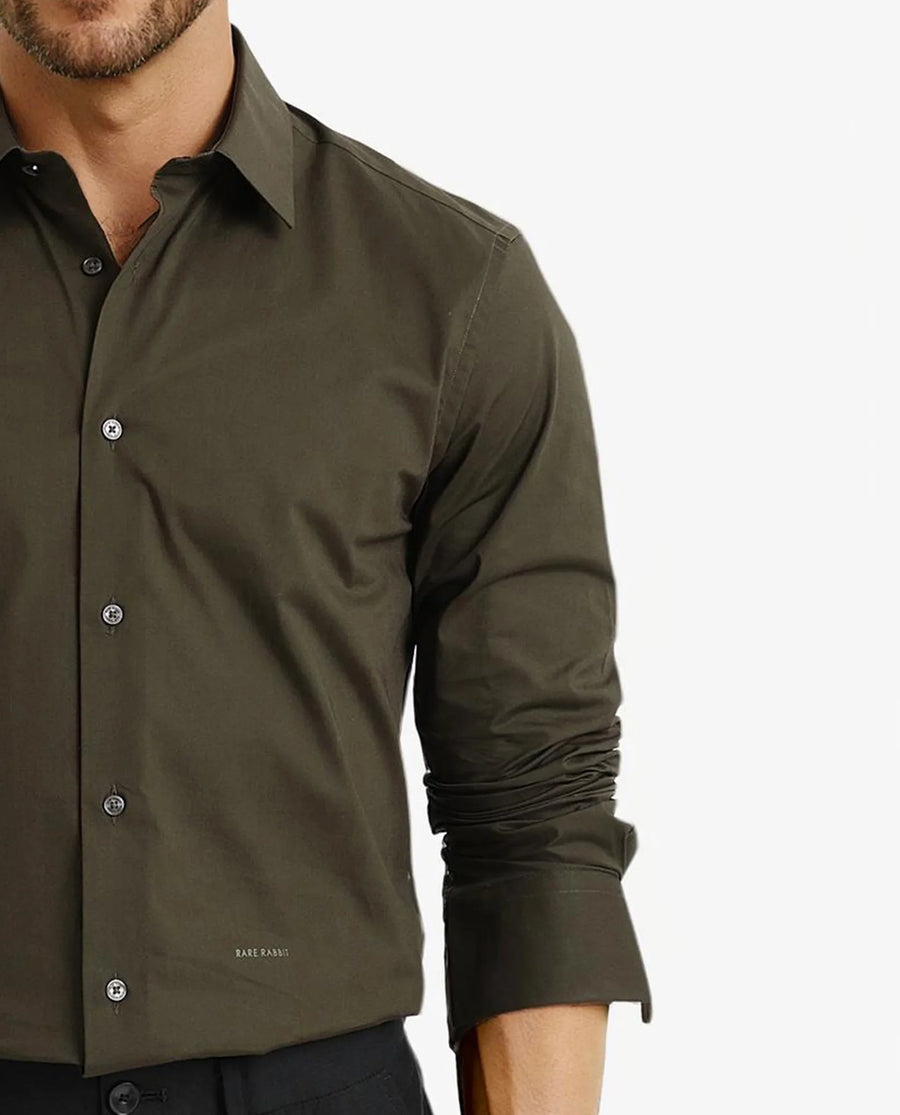 Rare Rabbit Men's Neutron-9 Olive Cotton Plain Regular Fit Full Sleeve Collared Shirt