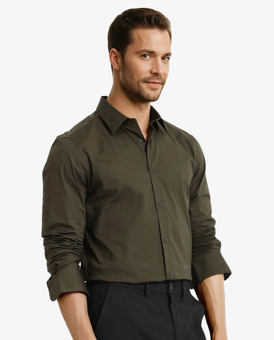 Rare Rabbit Men's Neutron-9 Olive Cotton Plain Regular Fit Full Sleeve Collared Shirt
