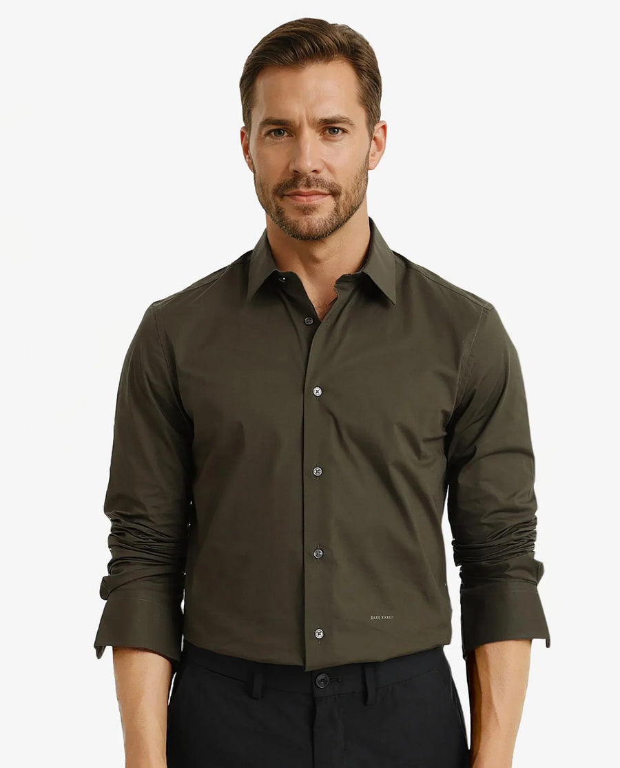 Rare Rabbit Men's Neutron-9 Olive Cotton Plain Regular Fit Full Sleeve Collared Shirt