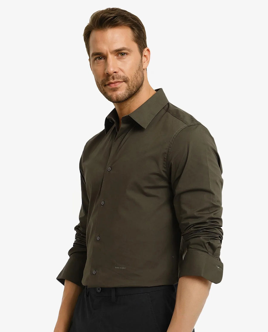Rare Rabbit Men's Neutron-9 Olive Cotton Plain Regular Fit Full Sleeve Collared Shirt