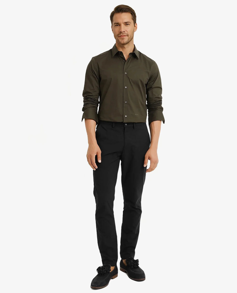 Rare Rabbit Men's Neutron-9 Olive Cotton Plain Regular Fit Full Sleeve Collared Shirt
