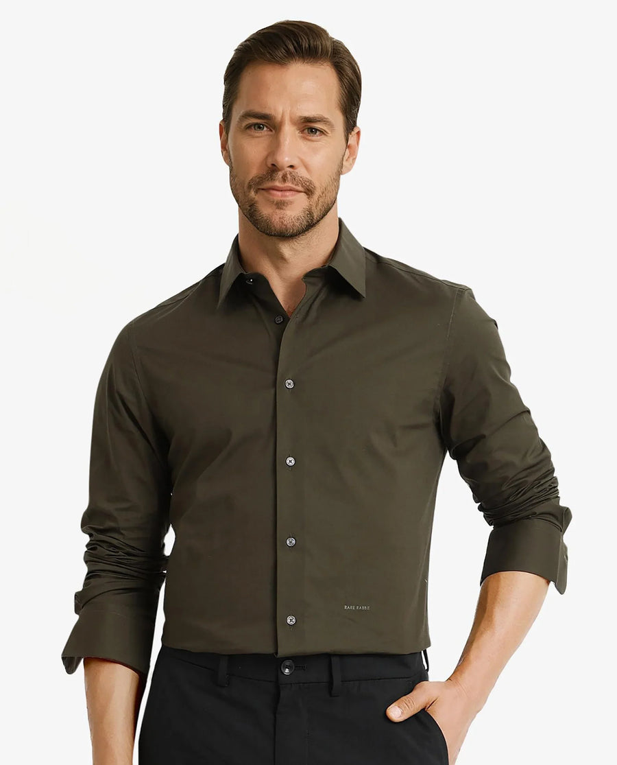Rare Rabbit Men's Neutron-9 Olive Cotton Plain Regular Fit Full Sleeve Collared Shirt