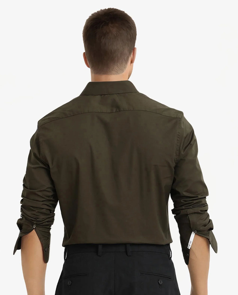 Rare Rabbit Men's Neutron-9 Olive Cotton Plain Regular Fit Full Sleeve Collared Shirt