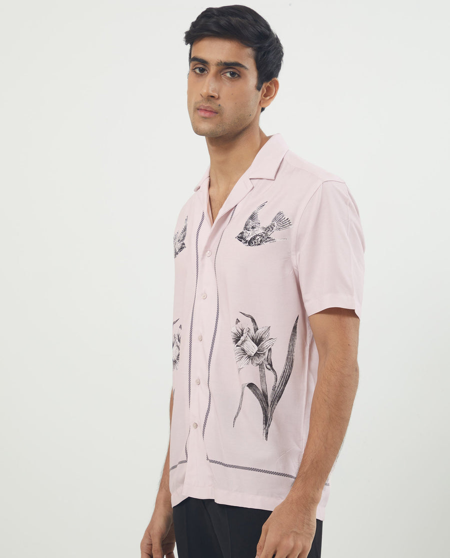 Rare Rabbit Men's Nicaro Pink Viscose Floral Print Regular Fit Half Sleeve Cuban Collar Shirt
