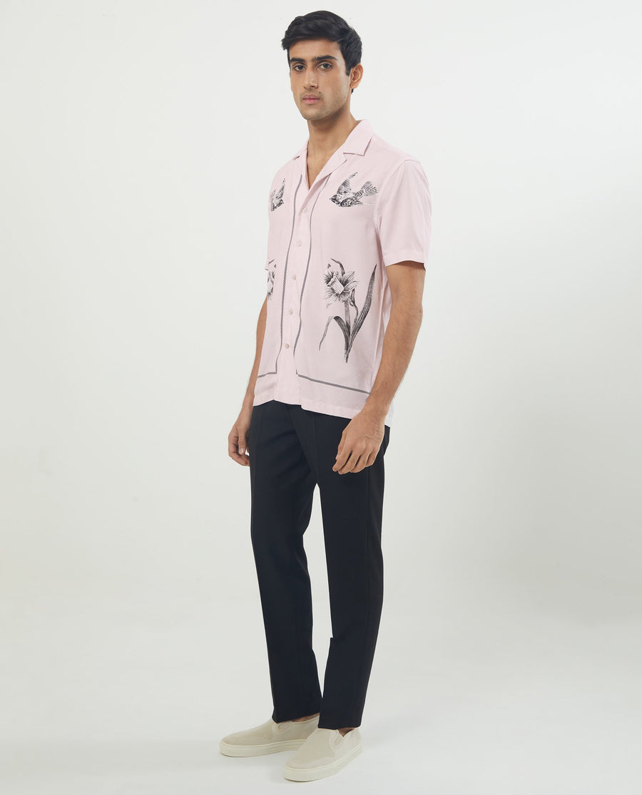 Rare Rabbit Men's Nicaro Pink Viscose Floral Print Regular Fit Half Sleeve Cuban Collar Shirt