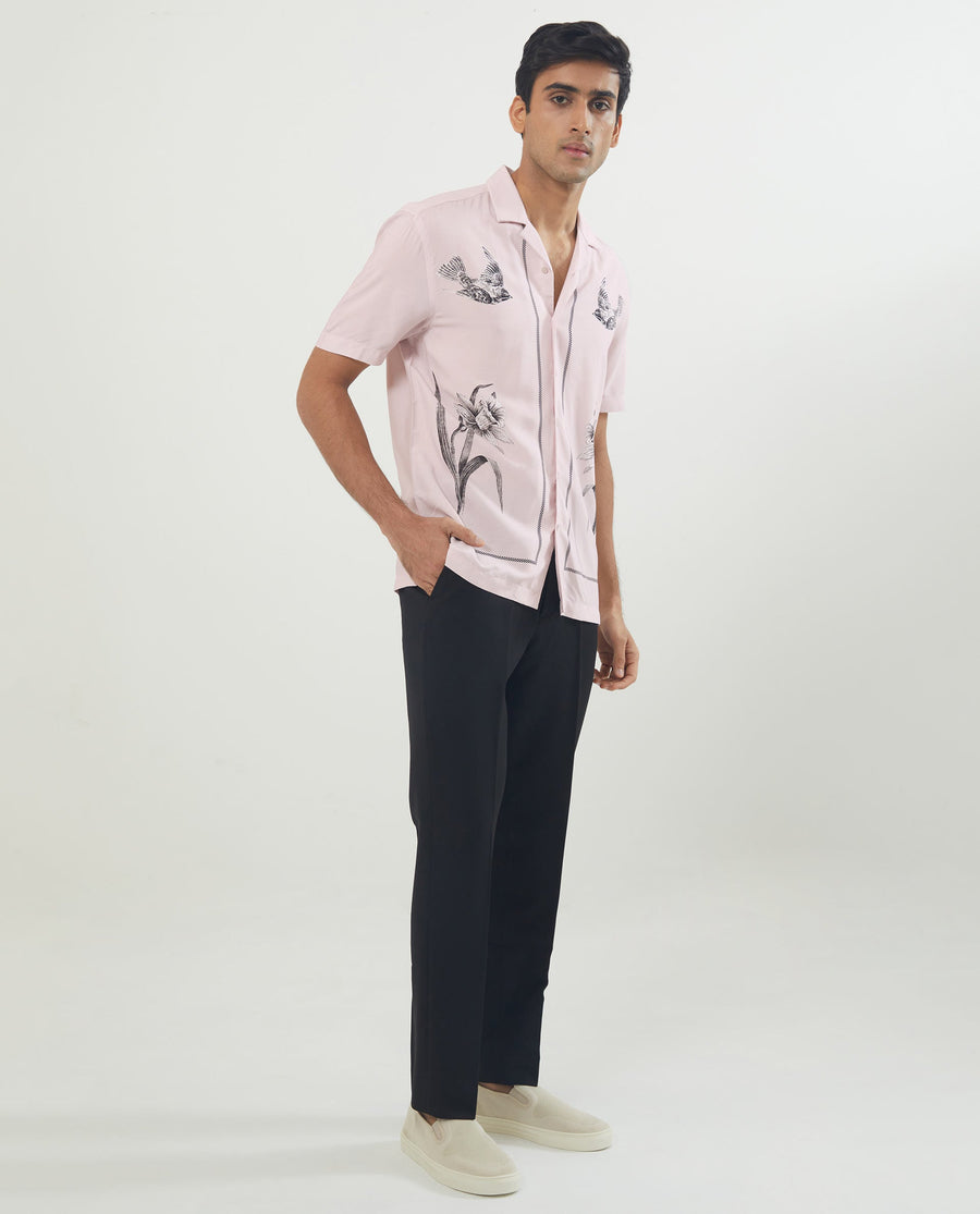 Rare Rabbit Men's Nicaro Pink Viscose Floral Print Regular Fit Half Sleeve Cuban Collar Shirt