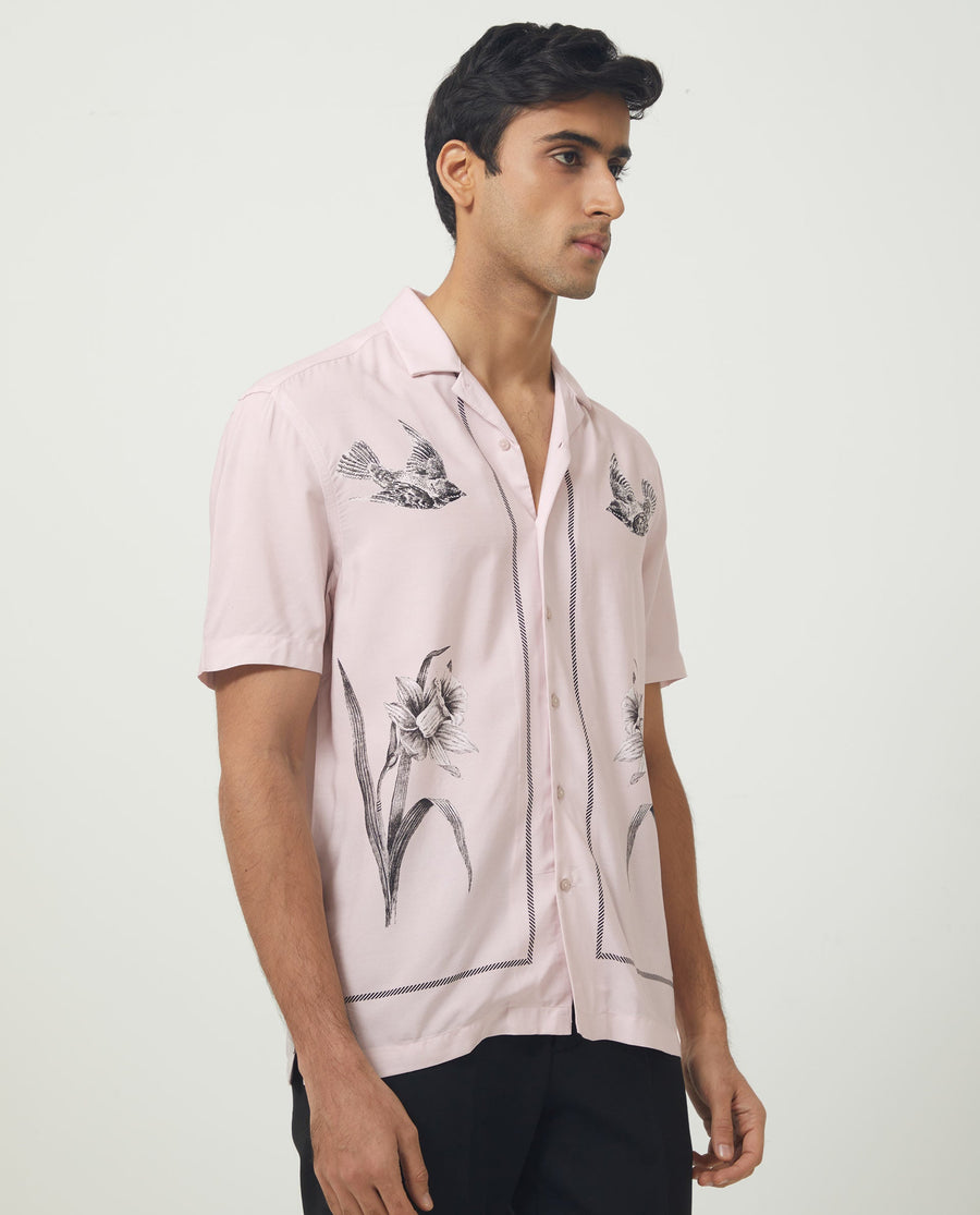 Rare Rabbit Men's Nicaro Pink Viscose Floral Print Regular Fit Half Sleeve Cuban Collar Shirt