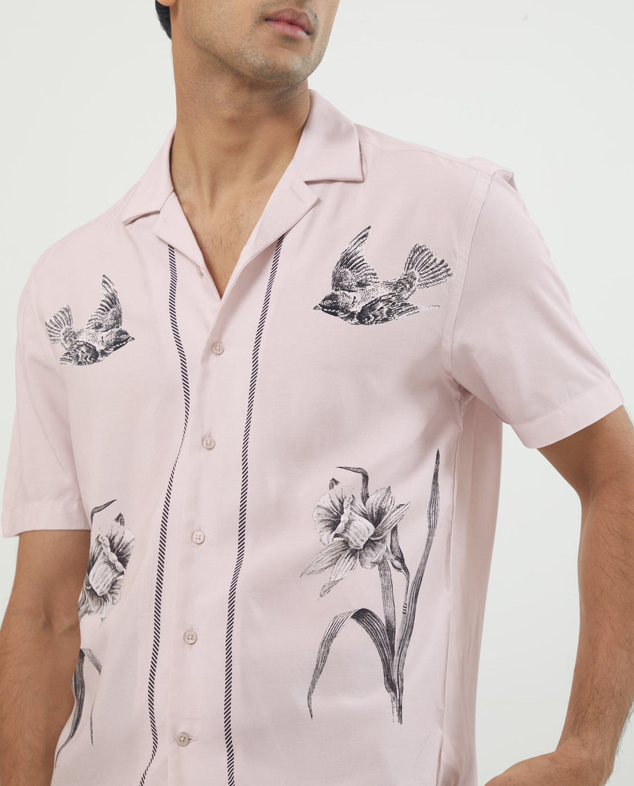 Rare Rabbit Men's Nicaro Pink Viscose Floral Print Regular Fit Half Sleeve Cuban Collar Shirt