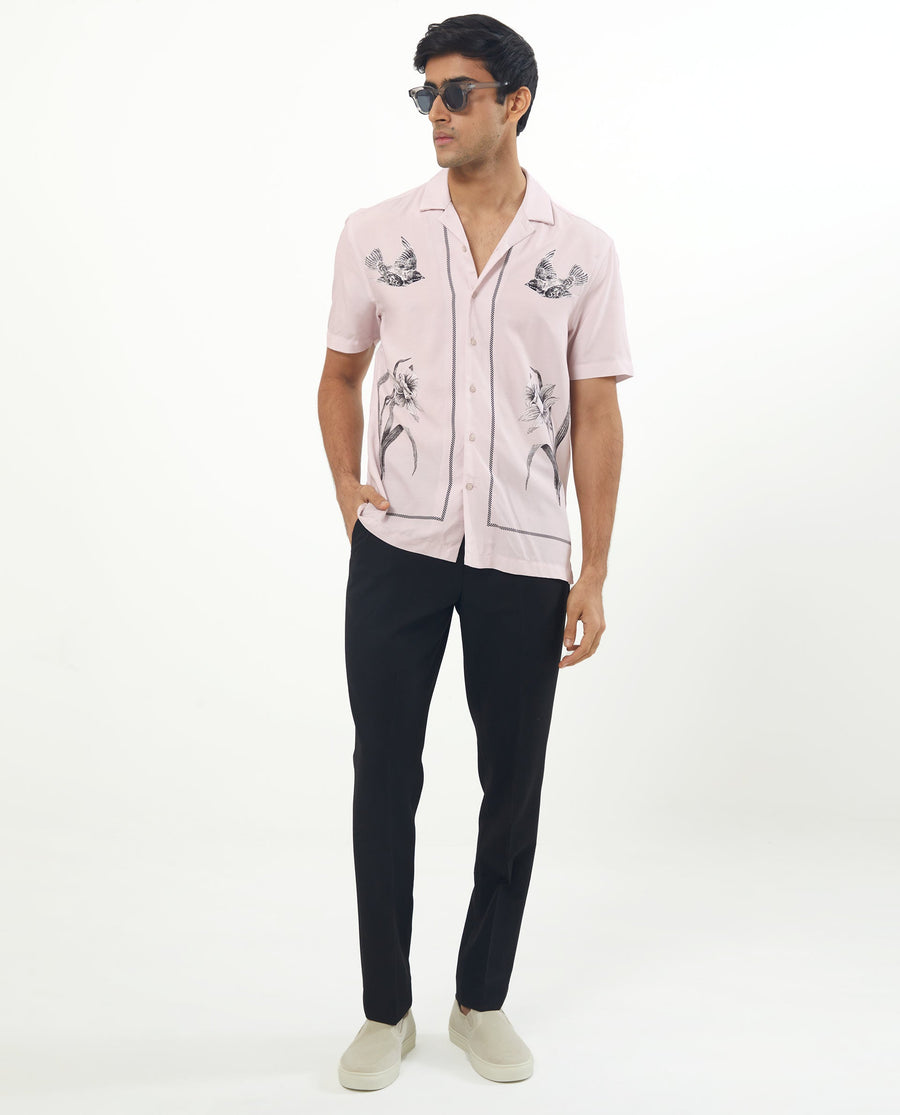 Rare Rabbit Men's Nicaro Pink Viscose Floral Print Regular Fit Half Sleeve Cuban Collar Shirt