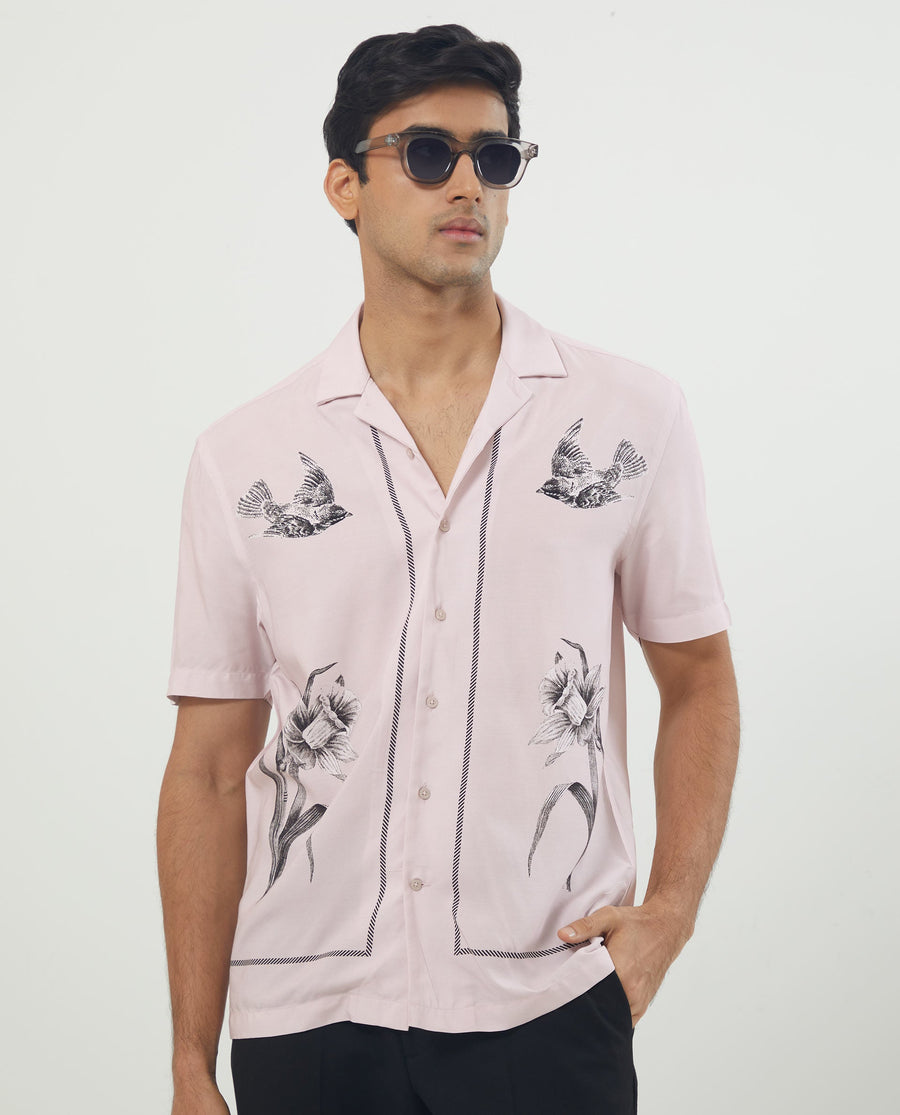 Rare Rabbit Men's Nicaro Pink Viscose Floral Print Regular Fit Half Sleeve Cuban Collar Shirt