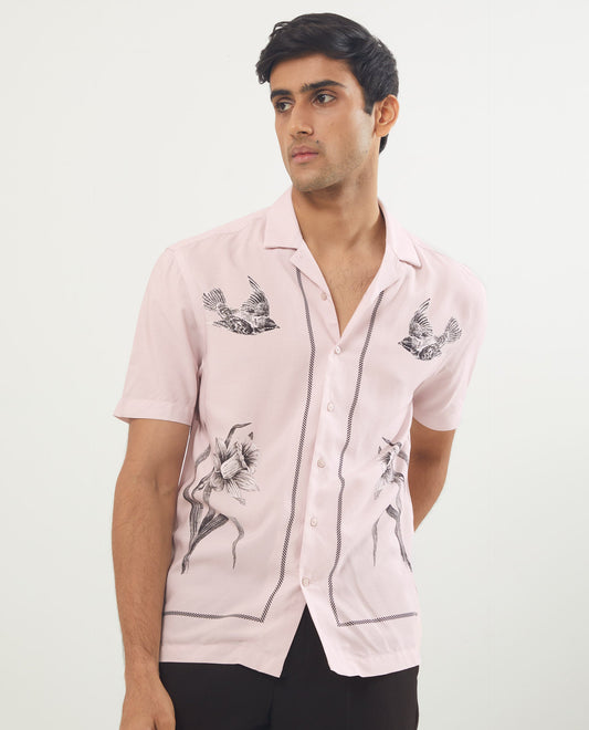 Rare Rabbit Men's Nicaro Pink Viscose Floral Print Regular Fit Half Sleeve Cuban Collar Shirt