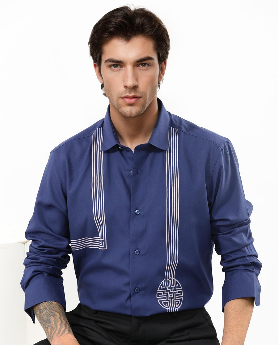 Rare Rabbit Men's Nicol Petrol Cotton Geometric Print Regular Fit Full Sleeve Collared Shirt