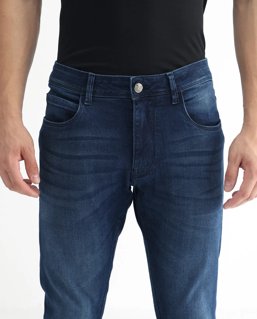 Rare Rabbit Men's Night Blue Cotton Plain Hawk Slim Fit Jeans