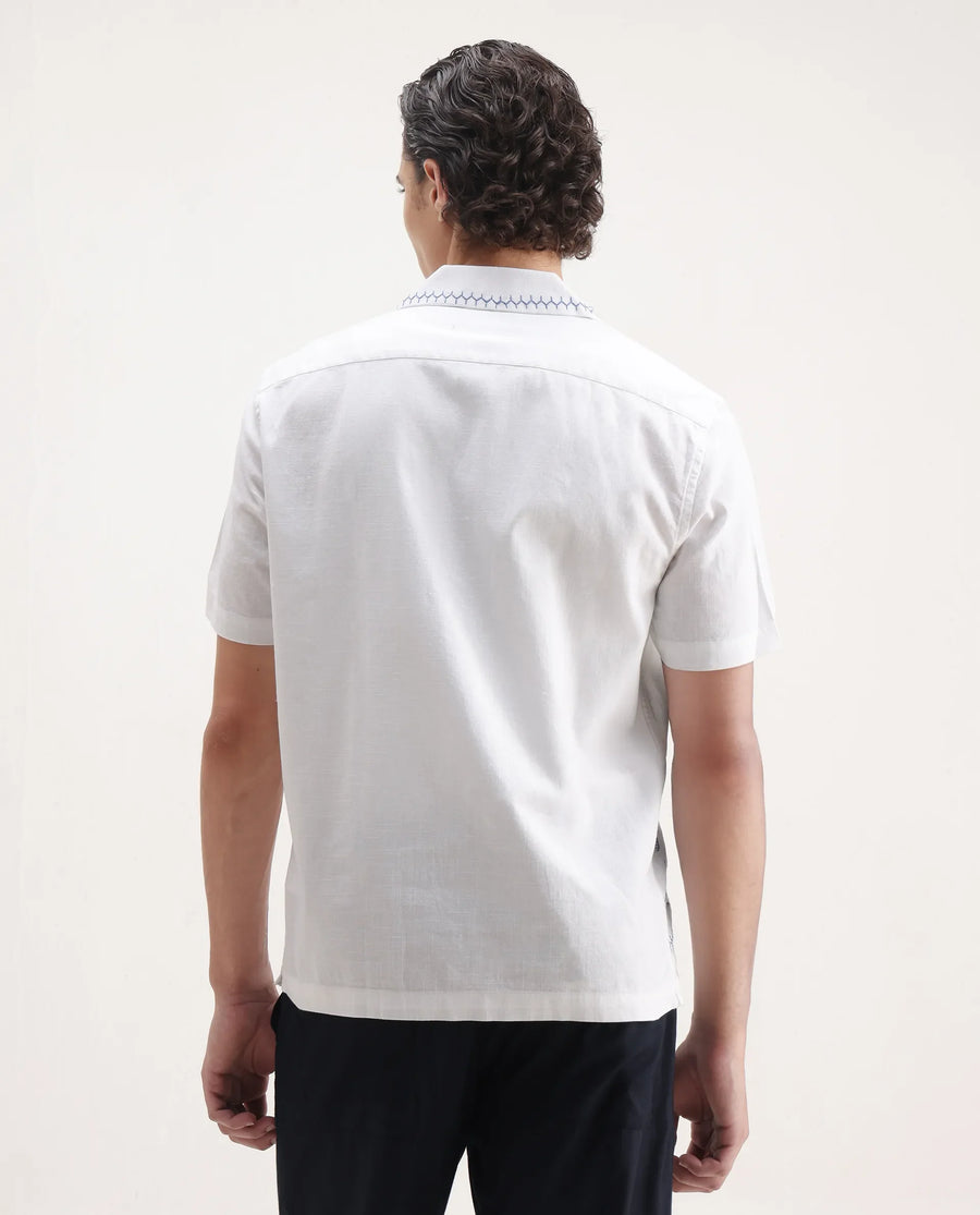 Rare Rabbit Men's Niort White Cotton Embroidered Relaxed Fit Half Sleeve Cuban Collar Shirt