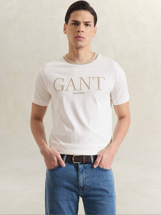 Gant Men White Solid Regular Fit Pure Cotton T-Shirt