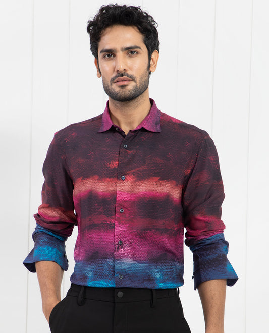 Rare Rabbit Men's Ombren Ls Black Viscose Ombre Regular Fit Full Sleeve Collared Shirt