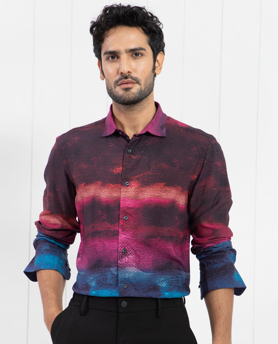 Rare Rabbit Men's Ombren Ls Black Viscose Ombre Regular Fit Full Sleeve Collared Shirt