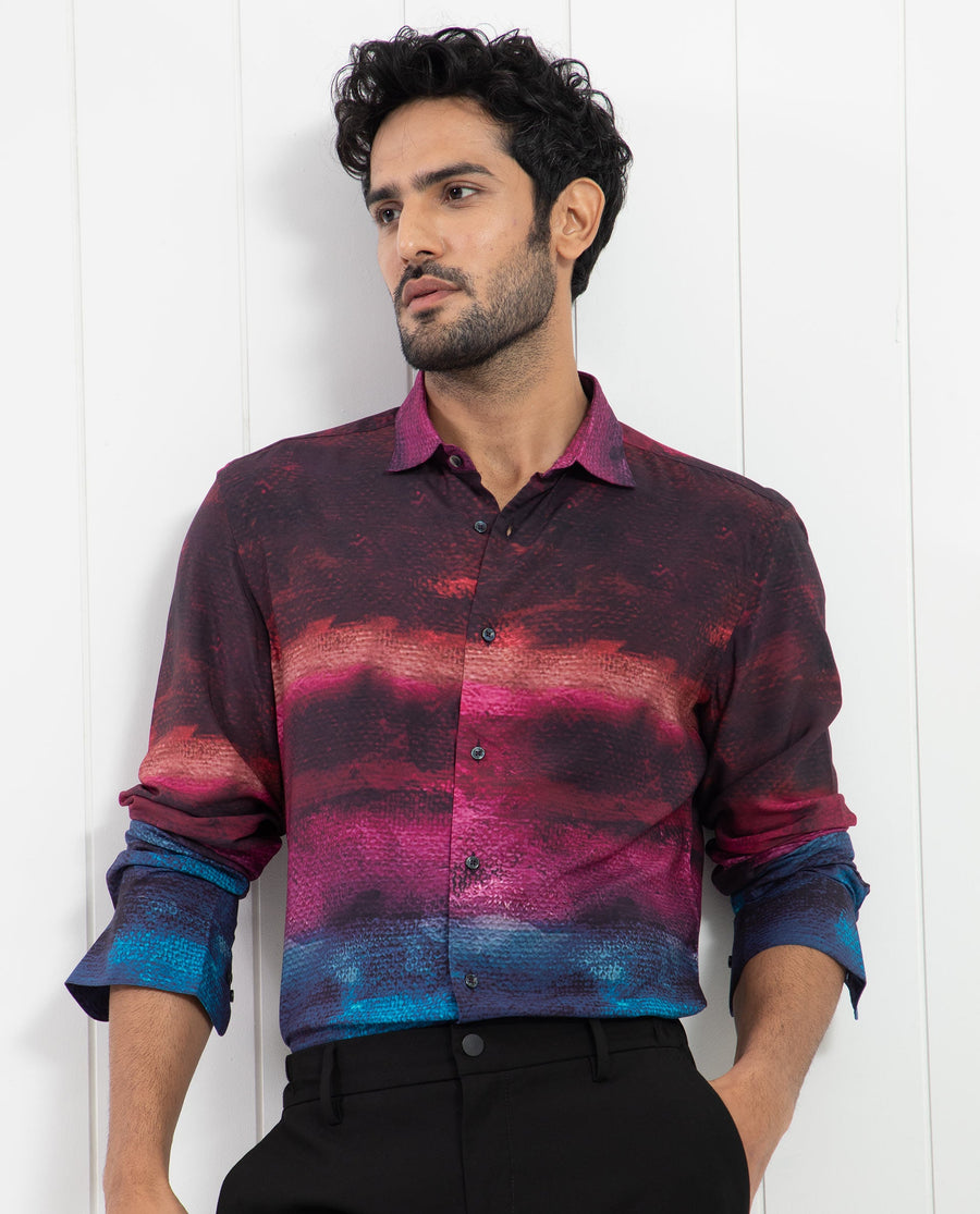 Rare Rabbit Men's Ombren Ls Black Viscose Ombre Regular Fit Full Sleeve Collared Shirt