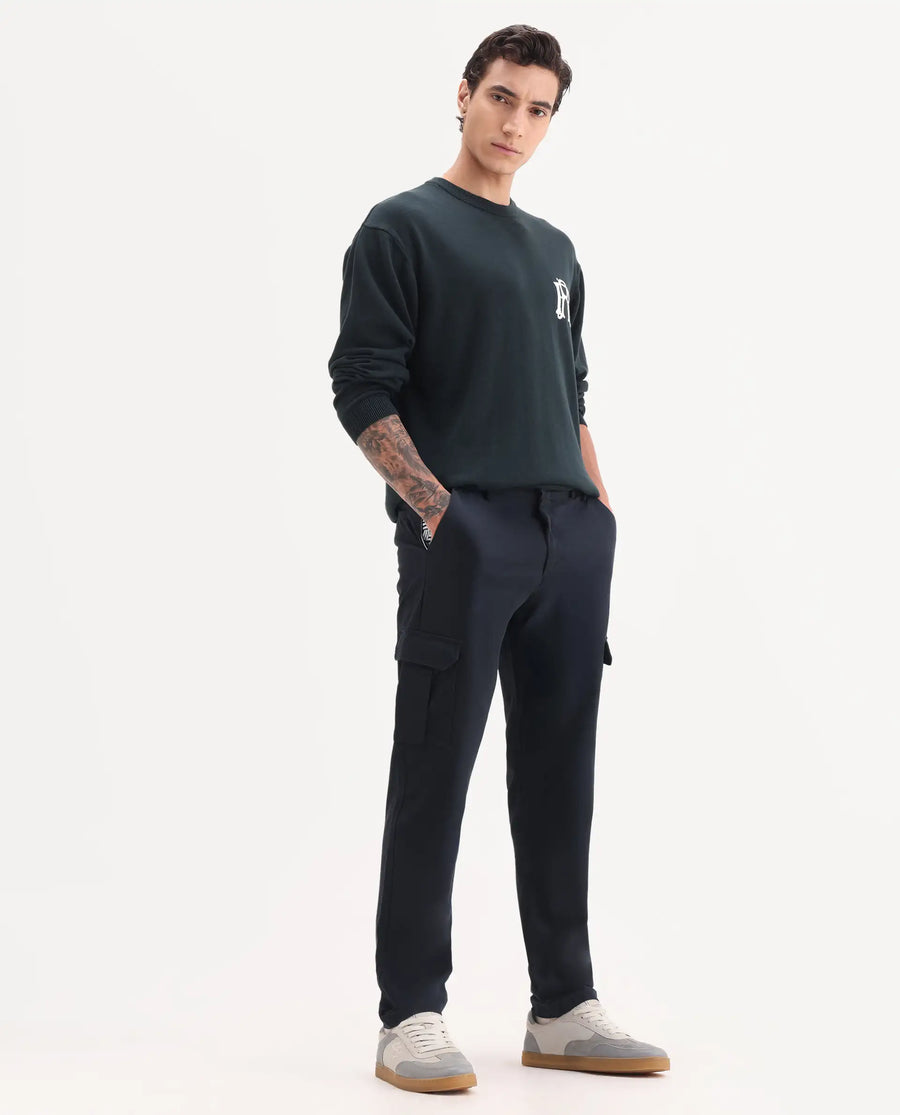Rare Rabbit Men's Nobon Navy Cotton Plain Regular Fit Trouser