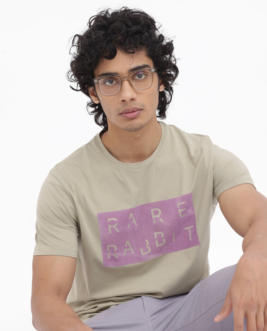 Rare Rabbit Men's Noir Light Green Cotton Blend Graphic Print Regular Fit Half Sleeve Crew Neck T-Shirt