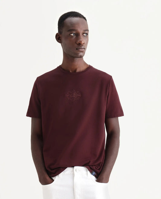 Rare Rabbit Men's Nok Maroon Cotton Embroidered Regular Fit Half Sleeve Crew Neck T-Shirt