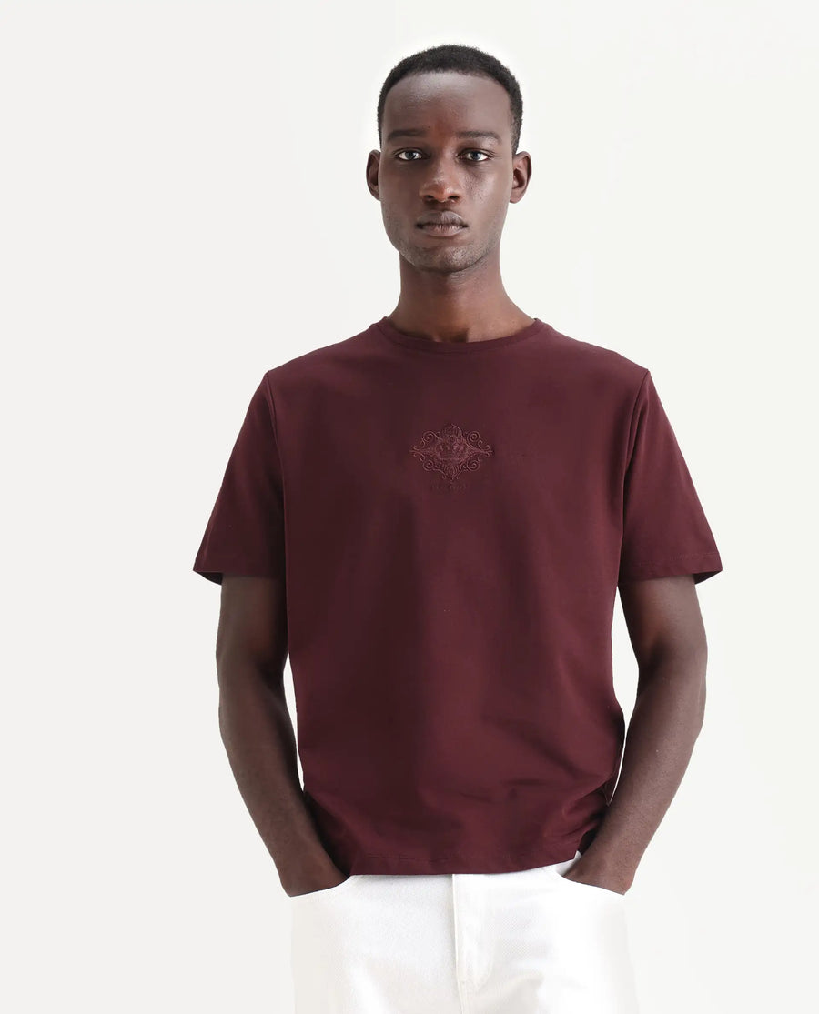 Rare Rabbit Men's Nok Maroon Cotton Embroidered Regular Fit Half Sleeve Crew Neck T-Shirt