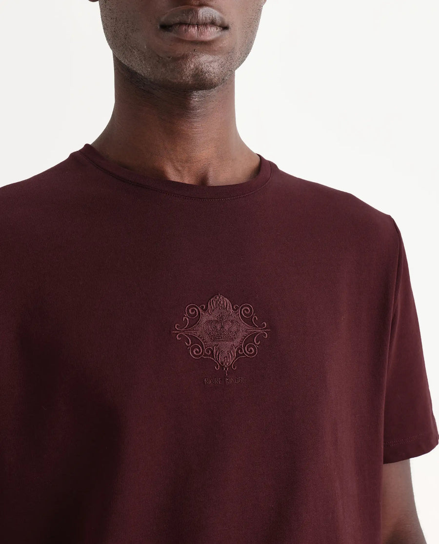 Rare Rabbit Men's Nok Maroon Cotton Embroidered Regular Fit Half Sleeve Crew Neck T-Shirt