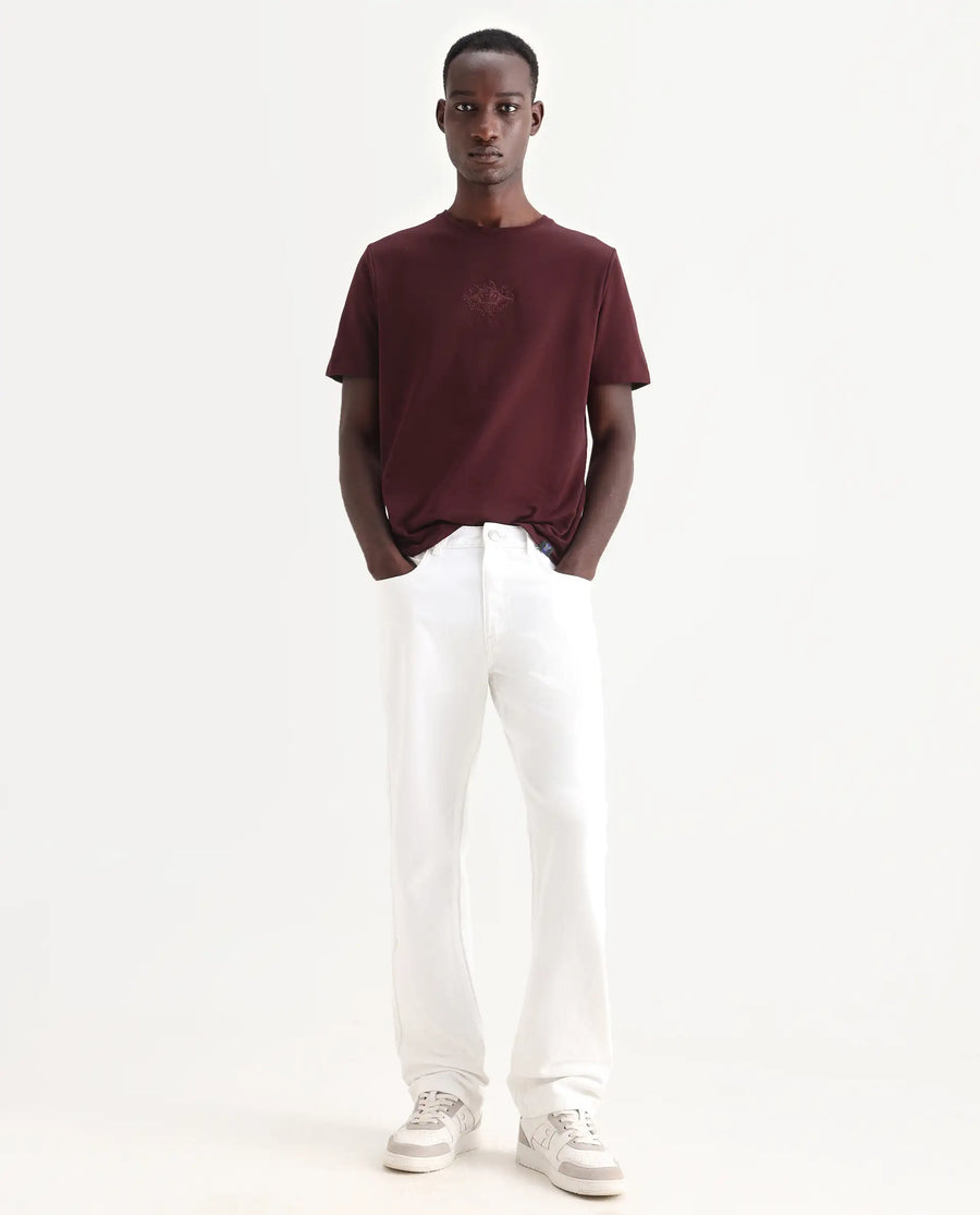 Rare Rabbit Men's Nok Maroon Cotton Embroidered Regular Fit Half Sleeve Crew Neck T-Shirt