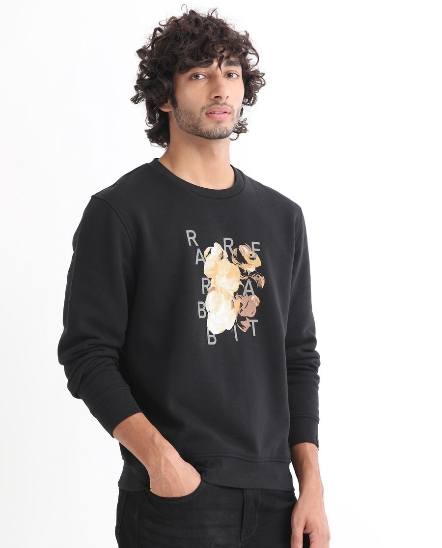 Rare Rabbit Men's Notic Black Cotton Floral Print Relaxed Fit Full Sleeve Crew Neck Sweatshirt