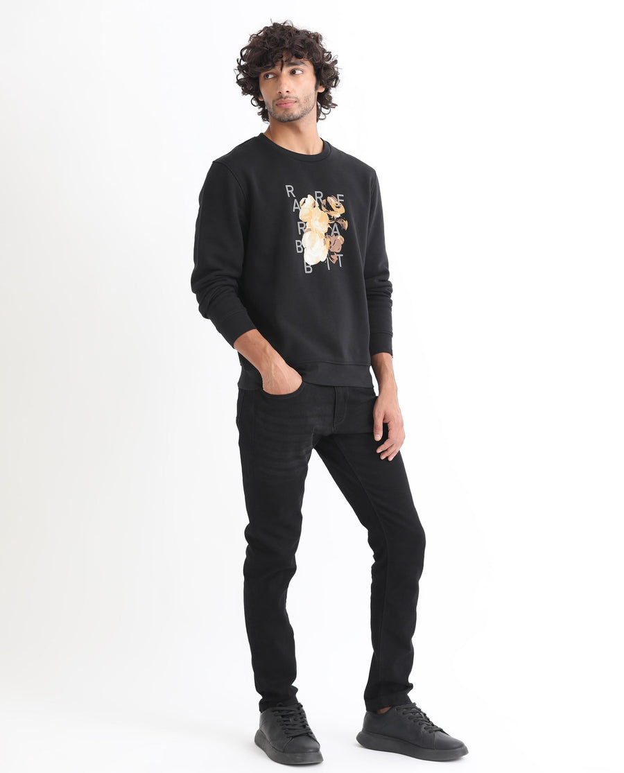 Rare Rabbit Men's Notic Black Cotton Floral Print Relaxed Fit Full Sleeve Crew Neck Sweatshirt