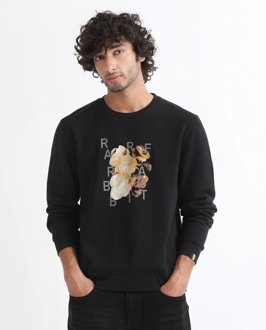 Rare Rabbit Men's Notic Black Cotton Floral Print Relaxed Fit Full Sleeve Crew Neck Sweatshirt