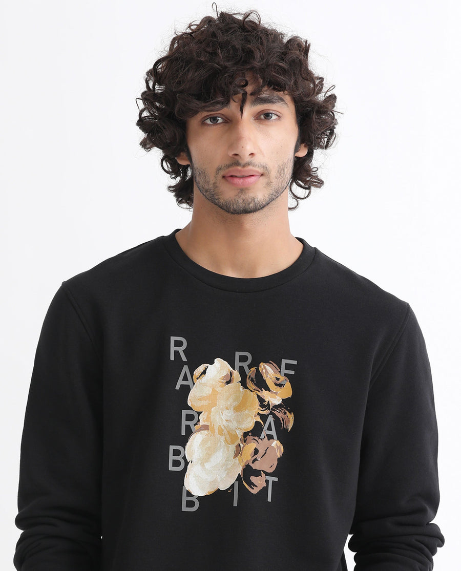Rare Rabbit Men's Notic Black Cotton Floral Print Relaxed Fit Full Sleeve Crew Neck Sweatshirt