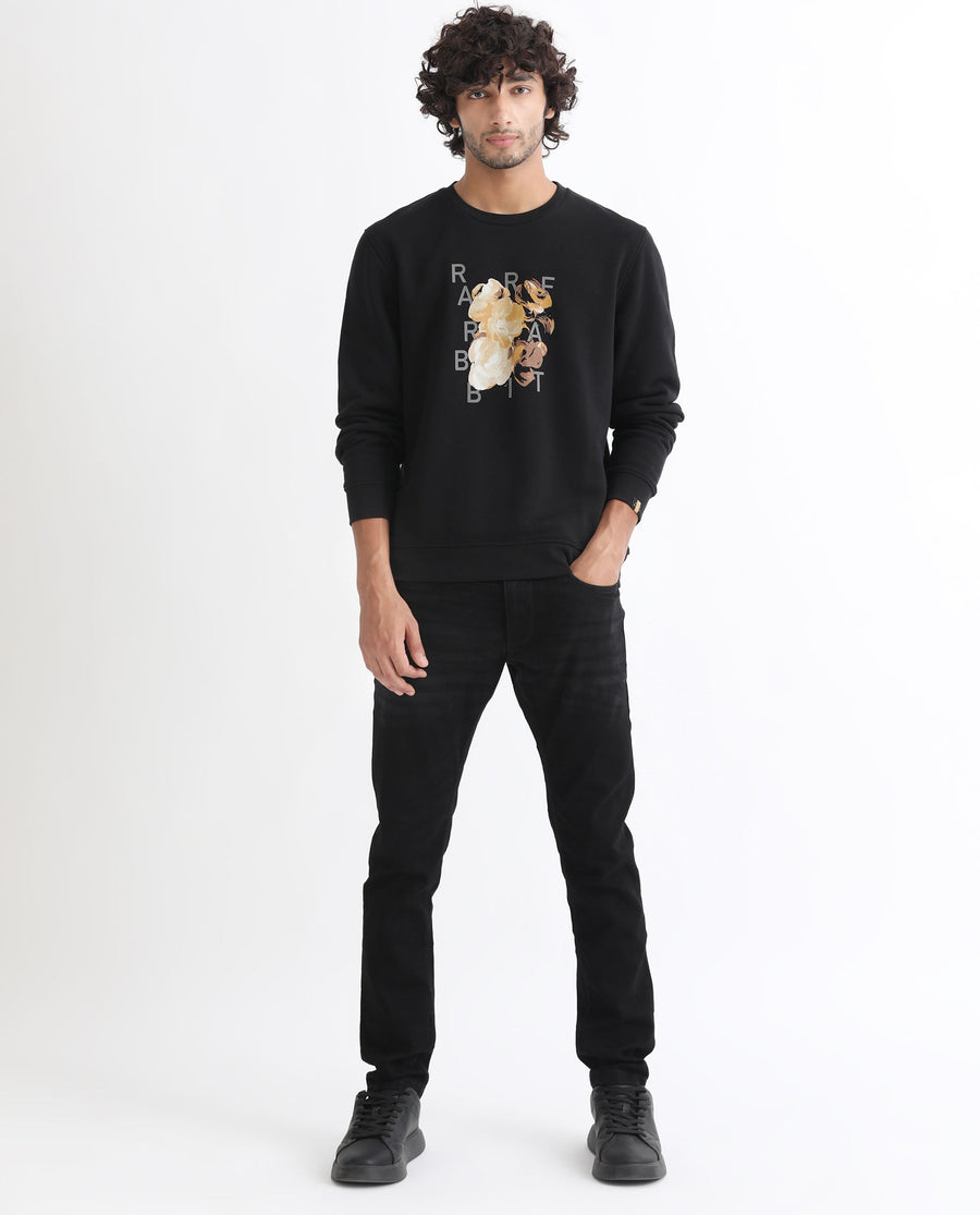 Rare Rabbit Men's Notic Black Cotton Floral Print Relaxed Fit Full Sleeve Crew Neck Sweatshirt